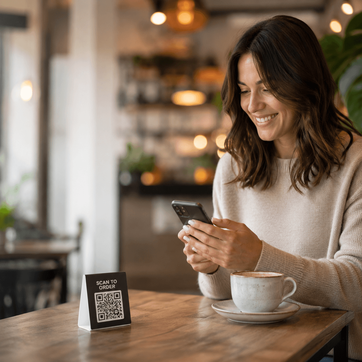Customer scanning a QR code to order from a café table