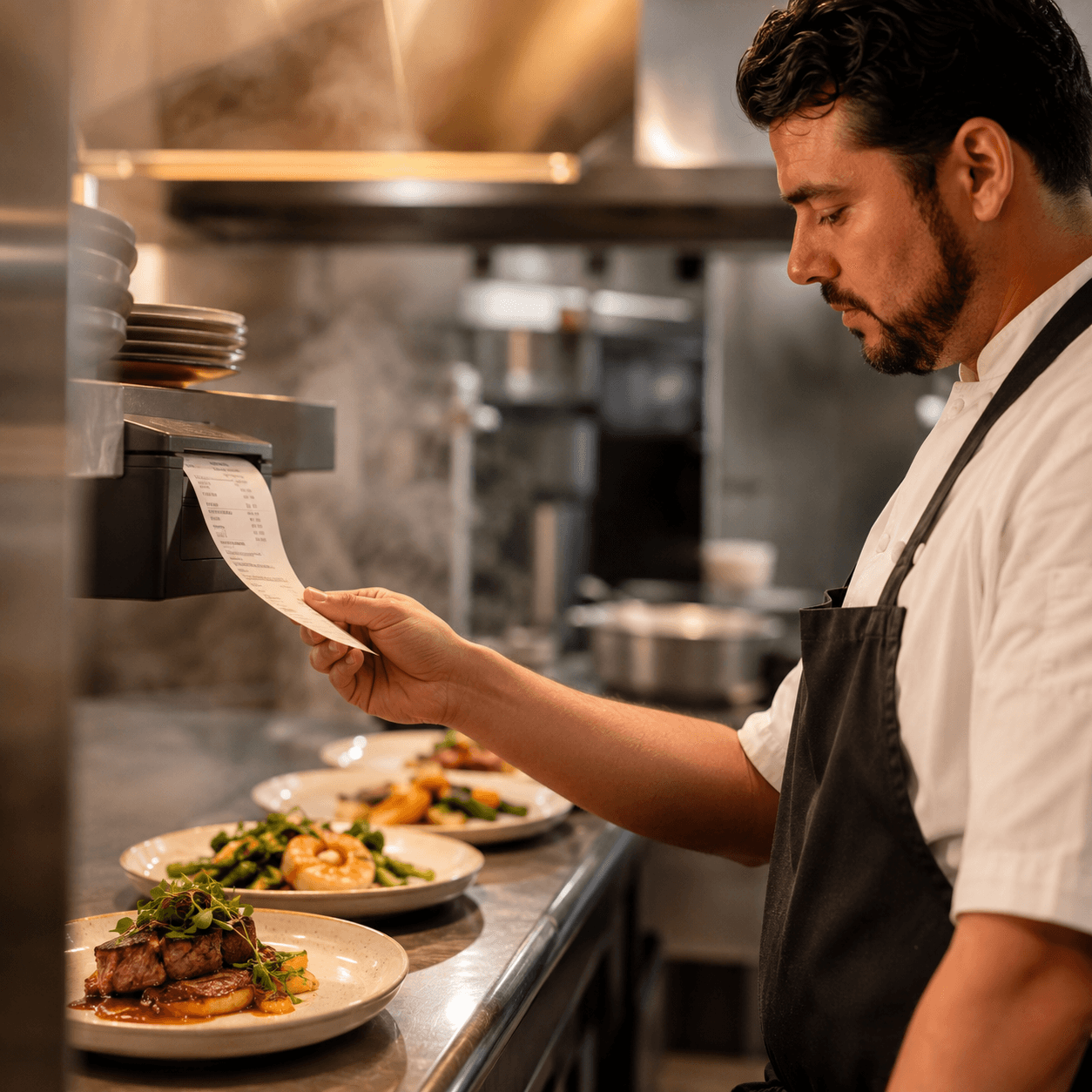 Chef reading an order ticket at the kitchen pass