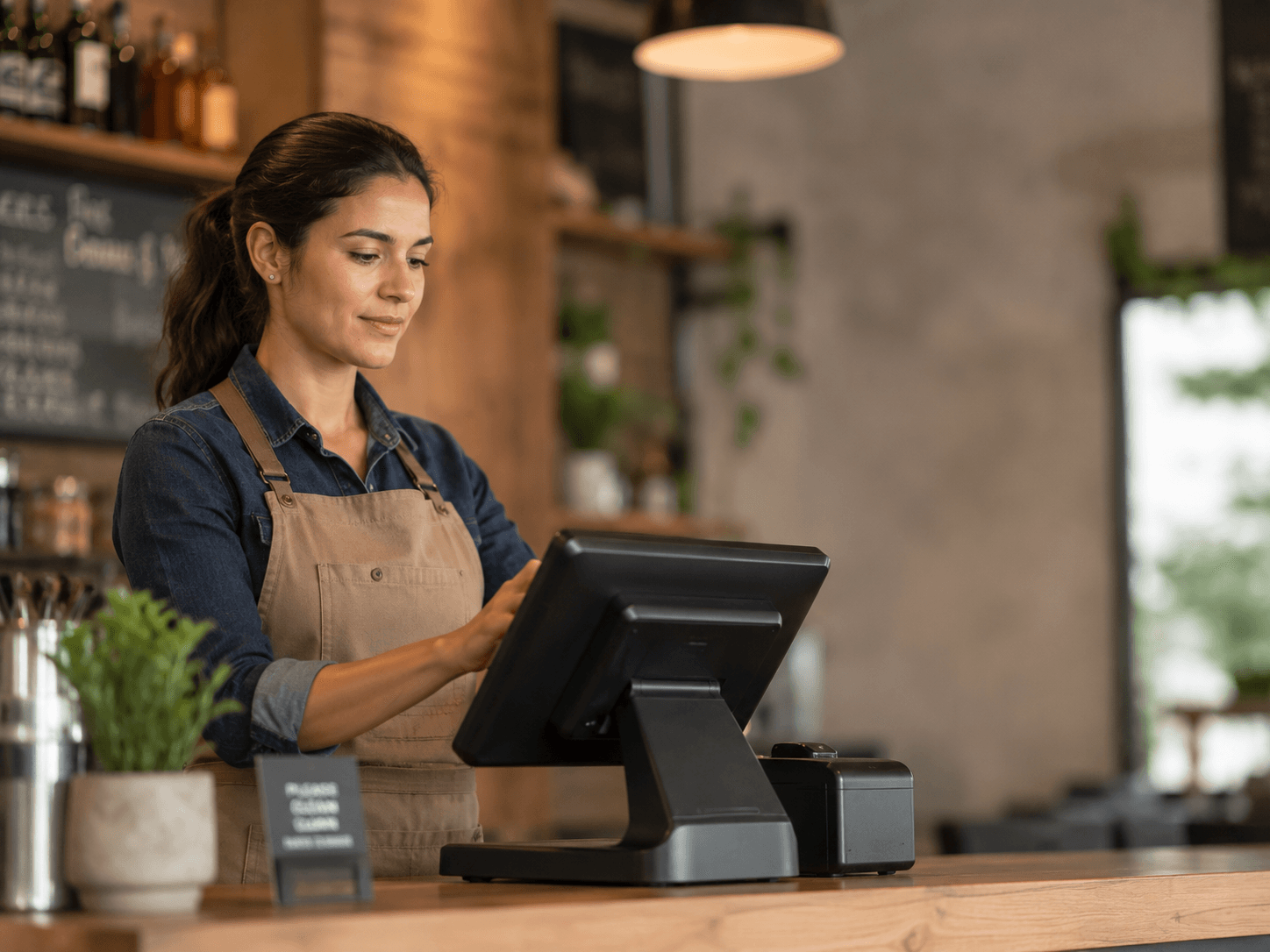 Manager operating a POS terminal at the counter