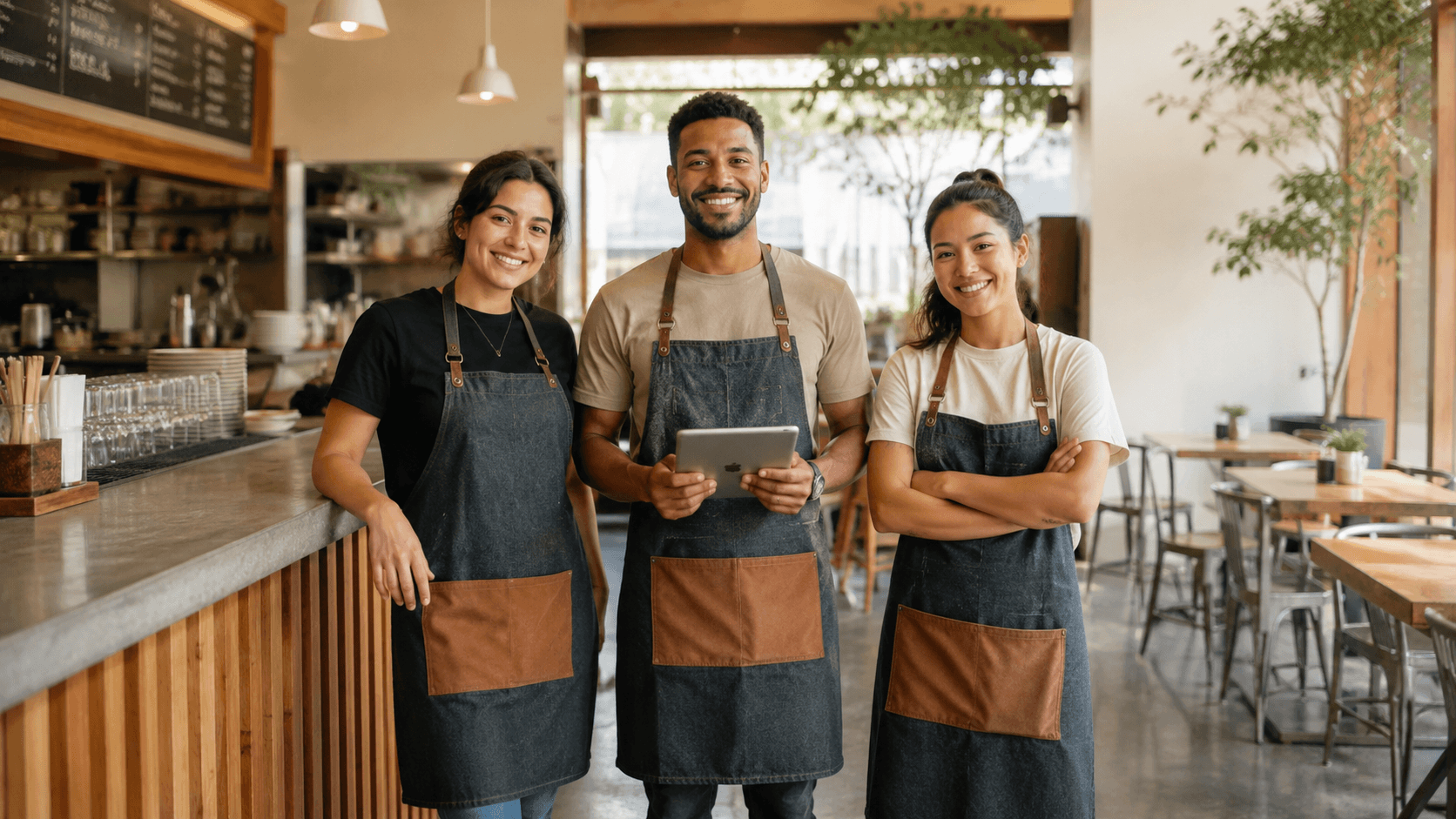 Restaurant team standing together at the counter